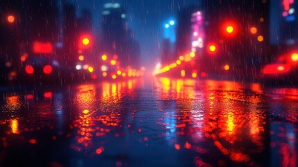 Obraz premium shimmering city lights reflected on rainsoaked pavement urban night scene vibrant bokeh effect neon glow romantic atmosphere cinematic composition