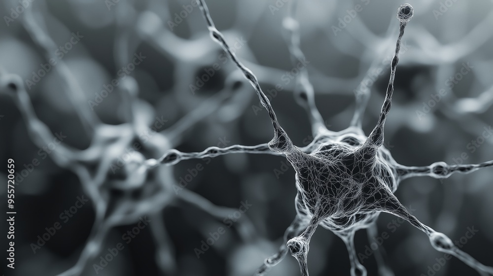 Poster close-up view of interconnected neurons showcasing intricate details of neural networks in a dark, s