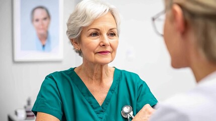 Obraz premium Senior woman with a caregiver during a health check-up, professional and attentive care, organized setting