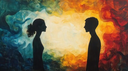 silhouetted figures of therapist and patient in deep conversation set against a backdrop of swirling colorful energy patterns symbolizing emotional healing