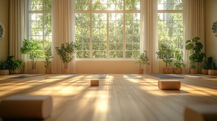 Bright and airy yoga studio with mats and blocks neatly arranged, offering a peaceful and motivating scene with room for copy.