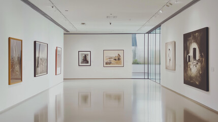 Nowoczesna galeria sztuki, w której na białych, prostych ścianach wyeksponowano piękne obrazy. 