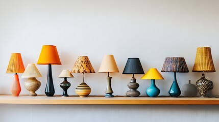 A row of lamps in various shapes and sizes, each with a unique shade, displayed on a wooden shelf against a white wall.