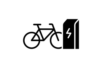 Electric bicycle charging in charger station icon. Electrical bike energy charge black symbol. Eco friendly electro cycle recharge sign. Battery green powered e-bike transportation eps logotype