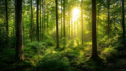 Fototapeta premium green forest with morning sun