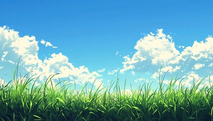 Fototapeta premium Lush Green Grass Under a Blue Sky with White Clouds