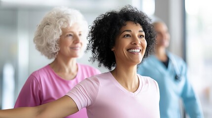 Senior woman with her caregiver during a light exercise routine, encouraging and supportive