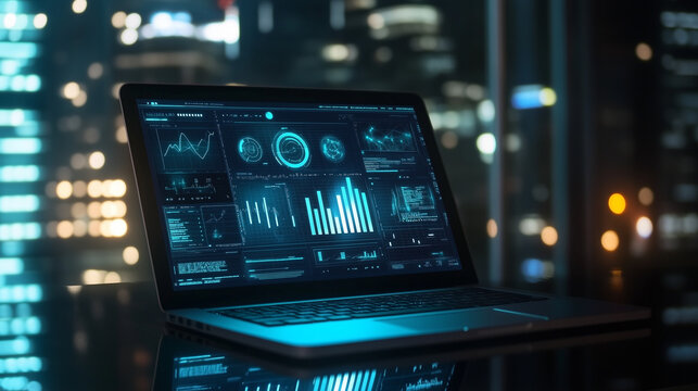 Laptop z wyświetlonymi danymi analitycznymi, takimi jak wykresy i tabele. Widoczna analiza podkreśla znaczenie danych w podejmowaniu decyzji biznesowych.