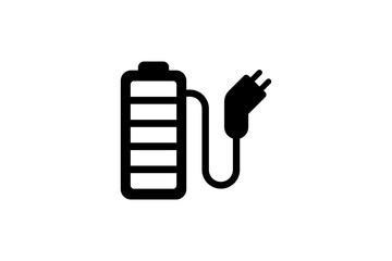 Rechargeable battery with cord and electric charging connector icon. Accumulator charger plug black symbol. Electricity equipment power bank charge sign. Fully charged electro element. Eps logotype