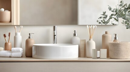 Fototapeta premium Elegant Bathroom Vanity with Modern Decor and Serene Ambiance