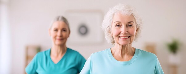 Obraz premium Senior woman with her caregiver during a fitness session, promoting active aging, light-filled space