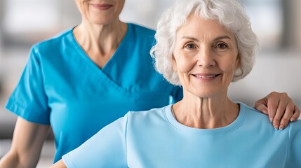 Senior woman with her caregiver during a light exercise routine, encouraging and supportive