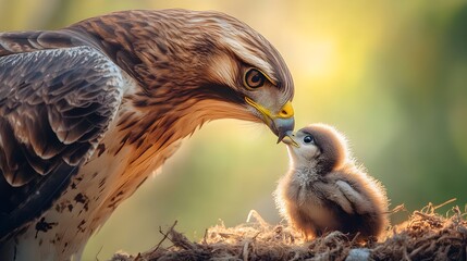 Hawk Feeding Its Nestling in Natural Habitat