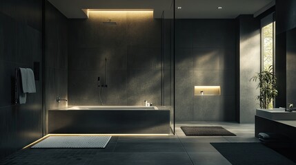 A sleek bathroom design with a modern shower area and a deep soaking tub, complemented by simple, elegant fixtures.