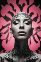 Bald woman fashion model posing in the studio. Calligraphy on the face of a young girl body art on a black and pink background