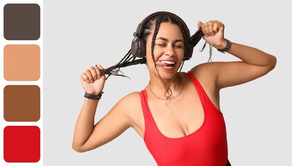 Emotional African-American woman listening to music on light background. Different color patterns