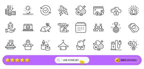 Charging station, Calendar and Saving electricity line icons for web app. Pack of Aluminium mineral, E-mail, Aroma candle pictogram icons. Security confirmed, Bromine mineral, Ice cream signs. Vector