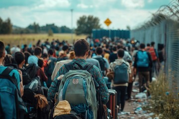 Large groups of people with suitcases and backpacks navigate an overcrowded border area, hoping for safety and relief from hardship. Generative AI