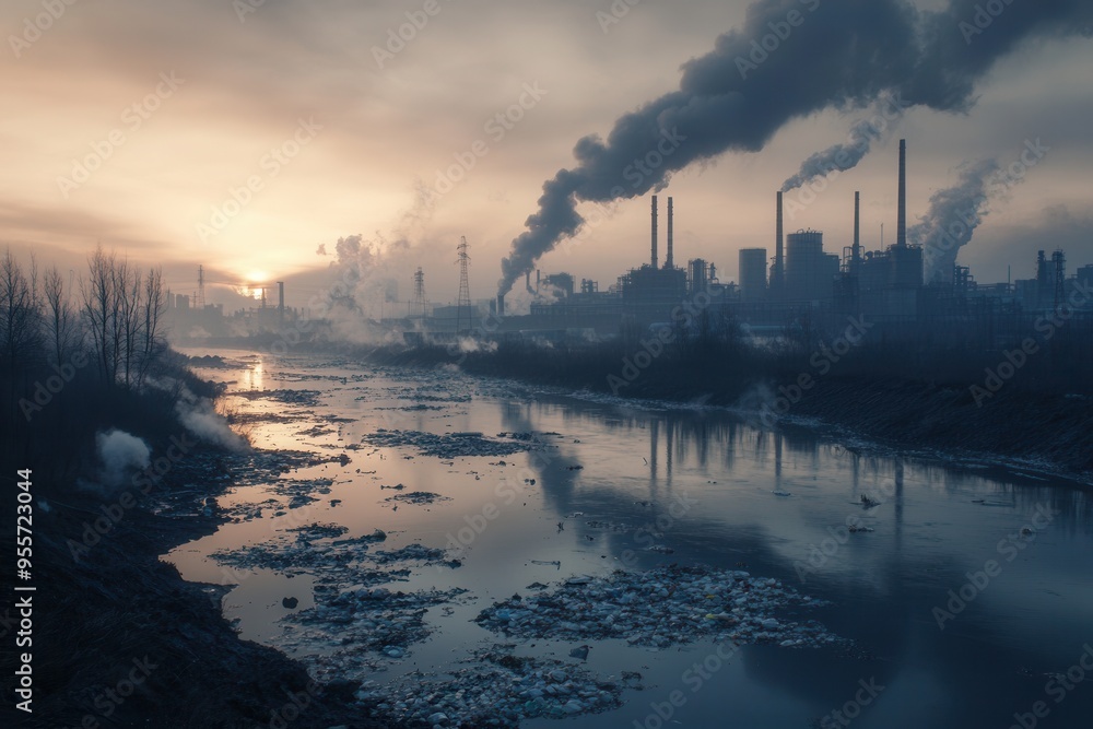 Poster A dense layer of smog envelops a metropolis, overshadowing factories and a river choked with plastic debris at sunset. Generative AI