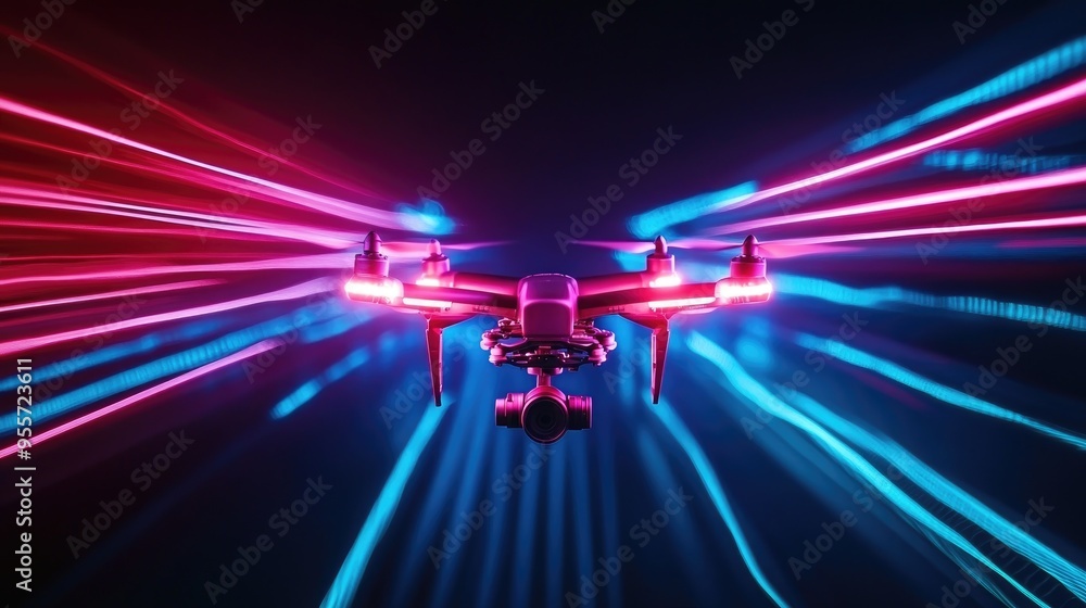 Poster stunning neon light patterns from drones, lighting up the sky against a dynamic black background, cr