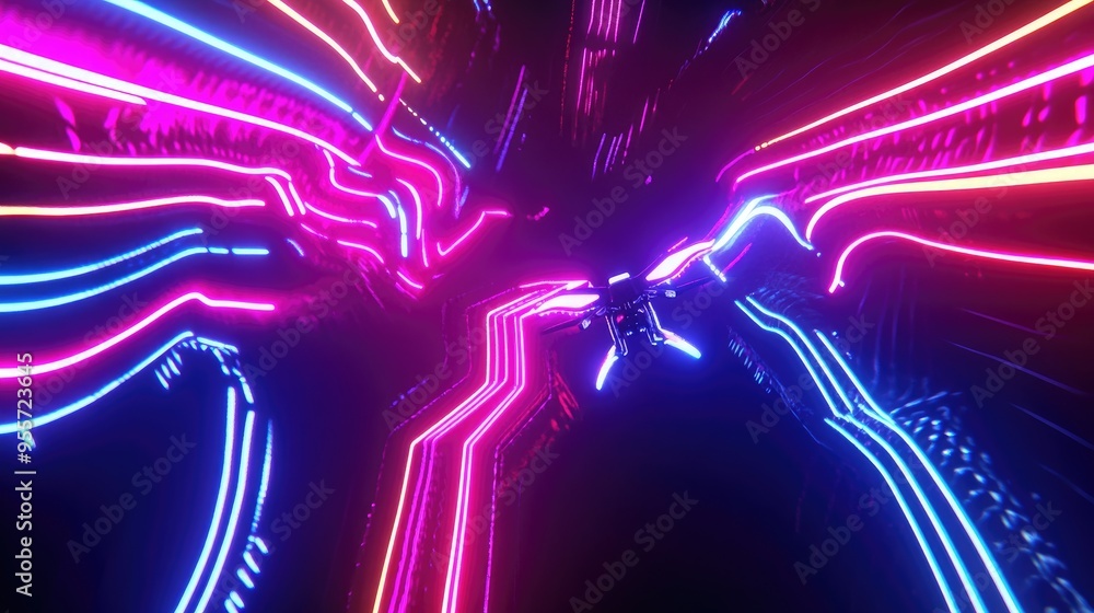 Poster stunning neon light patterns from drones, lighting up the sky against a dynamic black background, cr