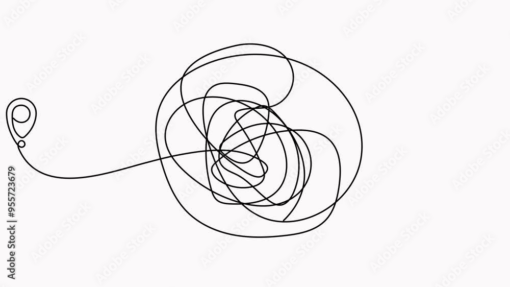Poster location pointer continuous one line scribble drawing animation. difficult chaotic tangled way video