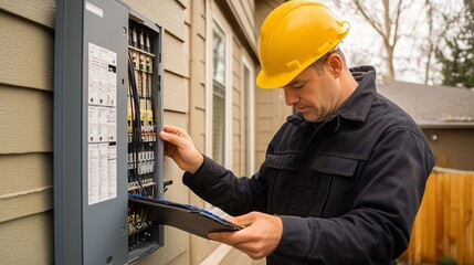 Electrician performing maintenance on a residential power panel outside a house on a cloudy day