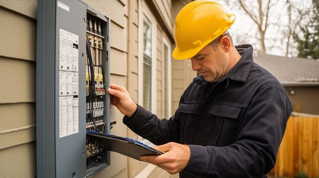 Electrician performing maintenance on a residential power panel outside a house on a cloudy day