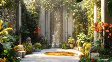 Fototapeta premium Surreal garden design with beautiful and artistic decorations, merging fantasy and reality, set against a dynamic elegant background