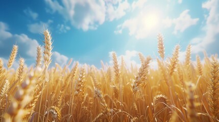 Vibrant golden wheat field swaying gently under a bright sunlit sky on a beautiful sunny day