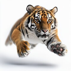 Obraz premium A majestic tiger leaps forward, showcasing its strength and grace against a clean, white background.