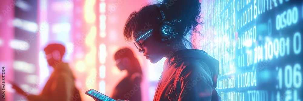 Poster Individuals stand with bowed heads, engrossed in smartphones, surrounded by glowing digital codes reflecting a sense of isolation. Generative AI