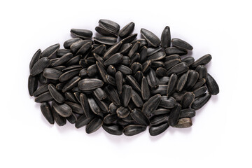 A close-up view of a pile of black sunflower seeds, showcasing their texture and natural detail, perfect for themes on healthy eating and natural foods.