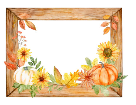 Wooden frame with autumn flowers, isolated on transparent background