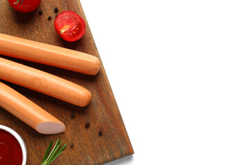 Board with tasty sausages and tomatoes on white background