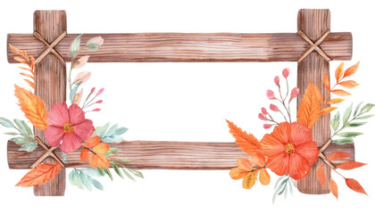 Obraz premium Wooden frame with autumn flowers, isolated on transparent background