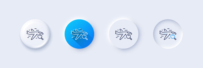 Search flight line icon. Neumorphic, Blue gradient, 3d pin buttons. Find travel sign. Magnify glass. Line icons. Neumorphic buttons with outline signs. Vector