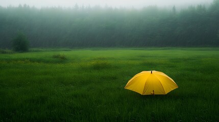 Yellow Umbrella on Lush Green Field, rainy day .