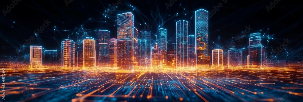 Poster futuristic cityscape with buildings connected by digital pathways. integration technology , network 