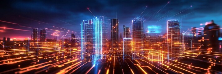 futuristic cityscape with buildings connected by digital pathways. integration technology , network of digital lines connecting the Smart city innovation.
