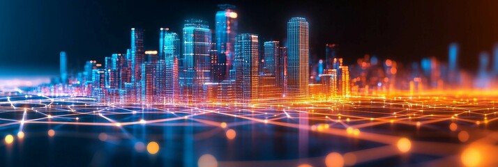 futuristic cityscape with buildings connected by digital pathways. integration technology , network of digital lines connecting the Smart city innovation.
