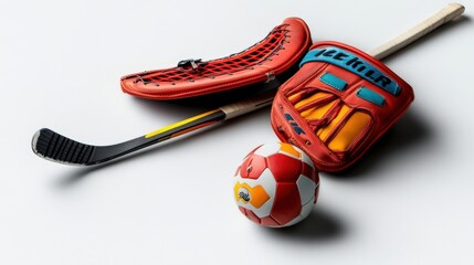 A vibrant sports collection featuring a hockey stick, goalkeeping glove, and a colorful soccer ball on a clean surface.