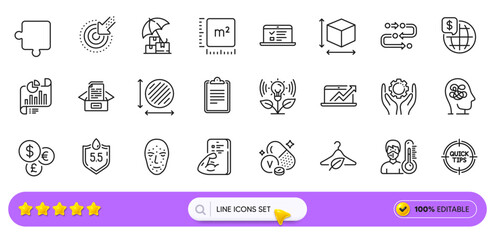 Thermometer, Employee hand and Delivery insurance line icons for web app. Pack of Circle area, Methodology, Vanadium mineral pictogram icons. Sales diagram, Puzzle, Incubator signs. Search bar. Vector