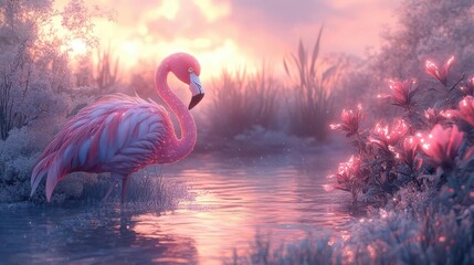 surreal flamingo with iridescent feathers in a whimsical garden surrounded by oversized neon flowers and bioluminescent plants under a pastel sunset sky