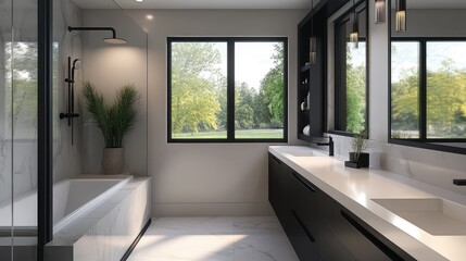 Fototapeta premium Modern bathroom featuring black fixtures, a deep soaking tub in a glass alcove, and a floating double vanity with quartz countertops.