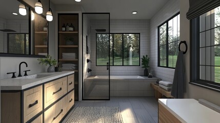 Stylish bathroom with black fixtures, a soaking tub encased in glass, and a vanity with quartz countertops and clean lines.