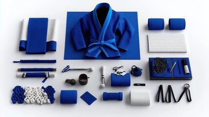 Flat lay of martial arts equipment in blue, including gi, mats, and training tools. Ideal for sports and fitness themes.