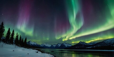 Naklejka premium Northern borealis dark night panoramic view, purple and green arctic natural lights in clean sky