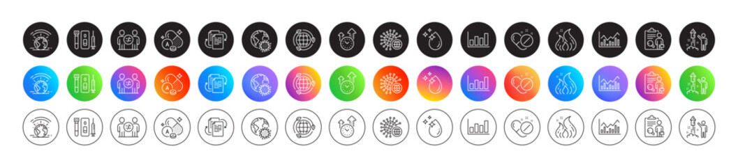 Water drop, Coronavirus and Bureaucracy line icons. Round icon gradient buttons. Pack of Time management, Fire energy, Vitamin a icon. Vector