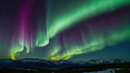 Northern borealis dark night panoramic view, purple and green arctic natural lights in clean sky